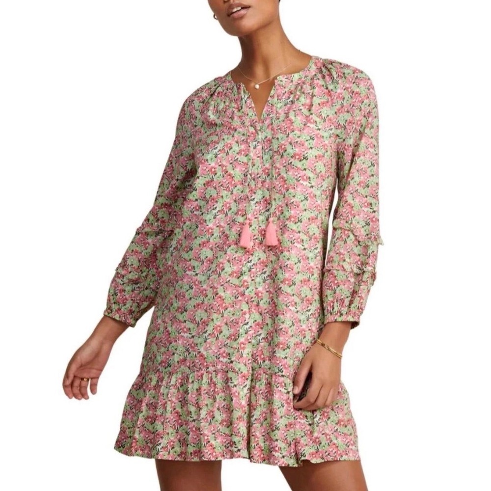 Vineyard Vines Cotton Dress Pink Green Floral Tassel Ruffle Mini XS Preppy Boho